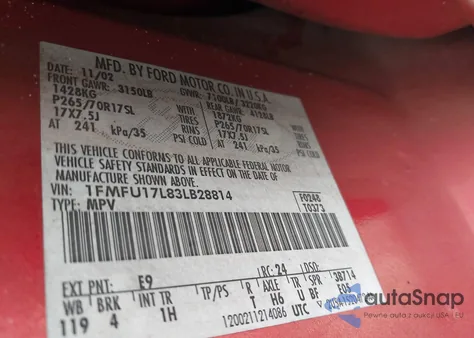 2003 Ford Expedition Eddie Bauer from USA, damaged, VIN 1FMFU17L83LB28814